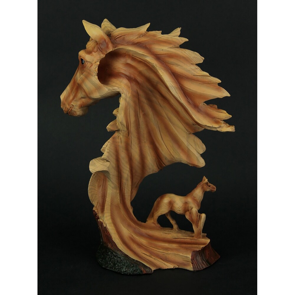 Western Horse And Native American Chief Carved Wood Look Bust Statue   11.5 X 8.25 X 4.25 inches