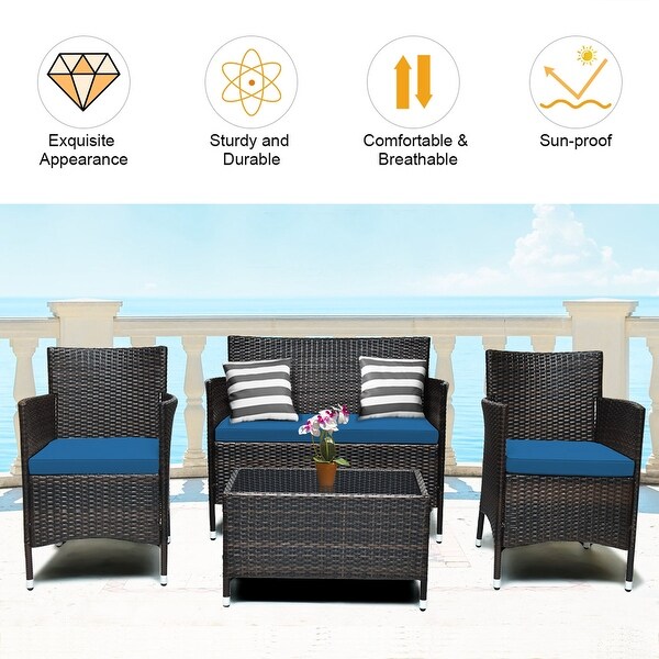 Costway 4PCS Rattan Patio Furniture Set Cushioned Sofa Chair Coffee