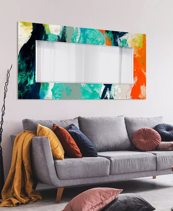 Empire Art Direct Tidal Abstract Rectangular On Free Floating Printed Tempered Art Glass Beveled Mirror  72 x 36