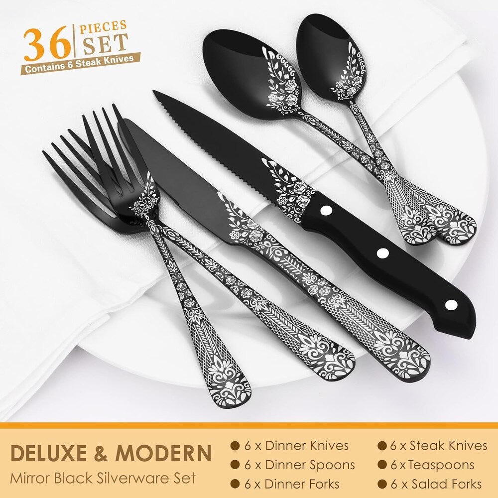 36 Piece Flatware Set with Unique Floral Laser