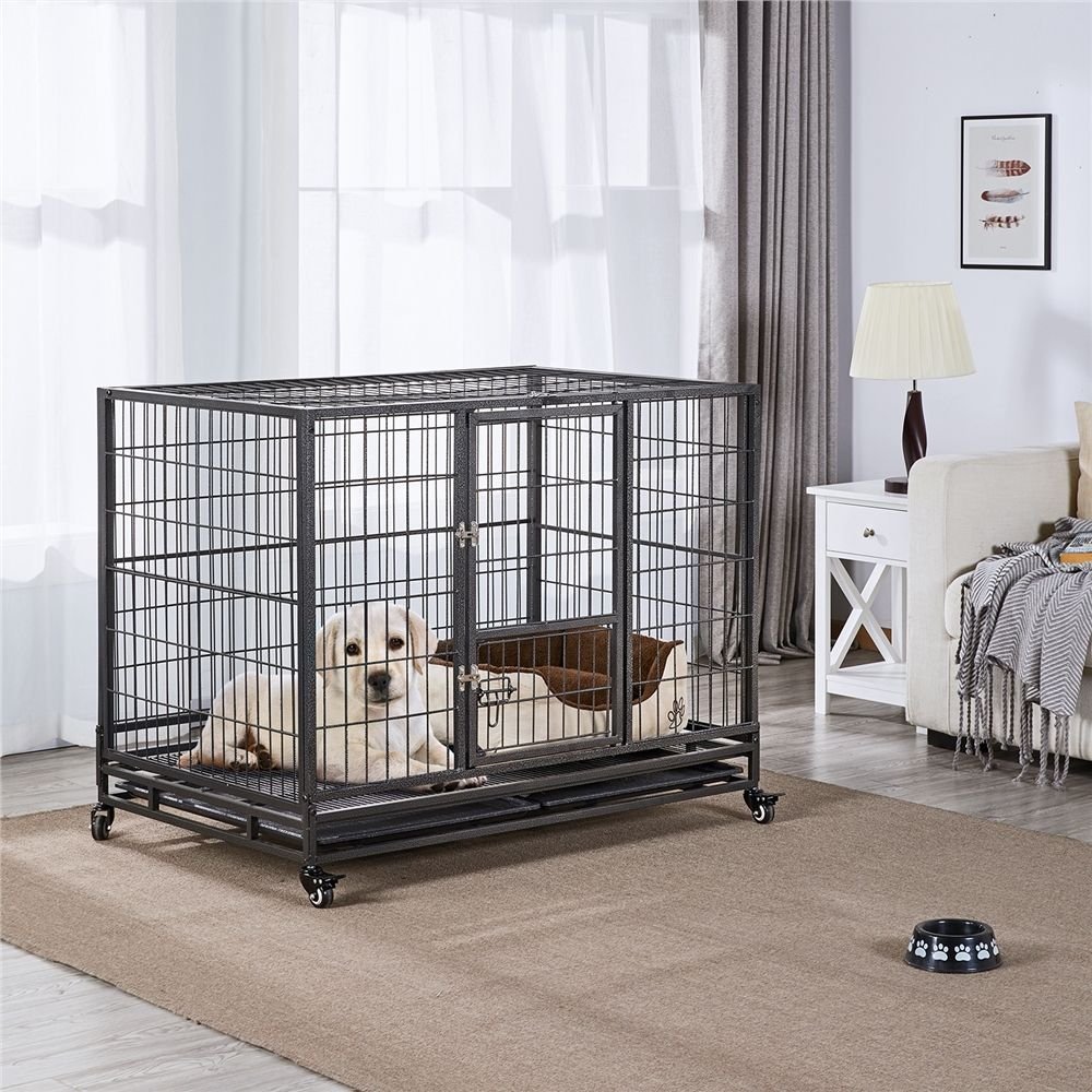 Yaheetech Wheels and Litter Pans Dog Crate， Black， 43-in