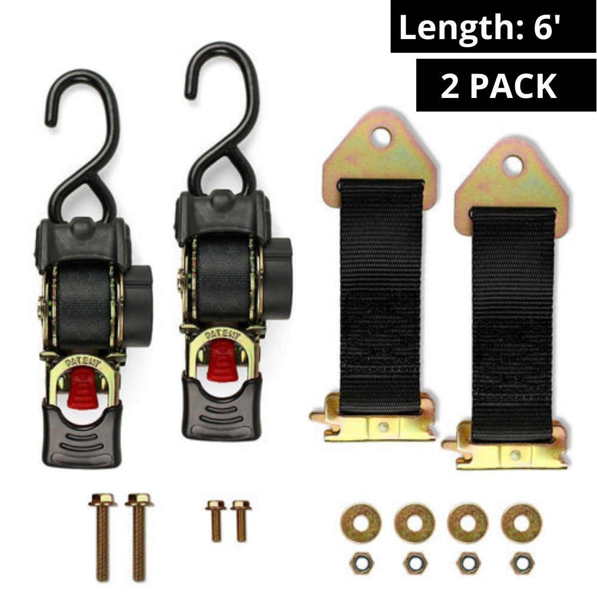 "DC Cargo Mall 2 Quick n Easy AutoRetract Strap Cargo Tie Downs - Retractable 1"" x 6' Bolt-on or E-Track Fitting Ratchet Straps w/S Hook for Trailers & Pickups"