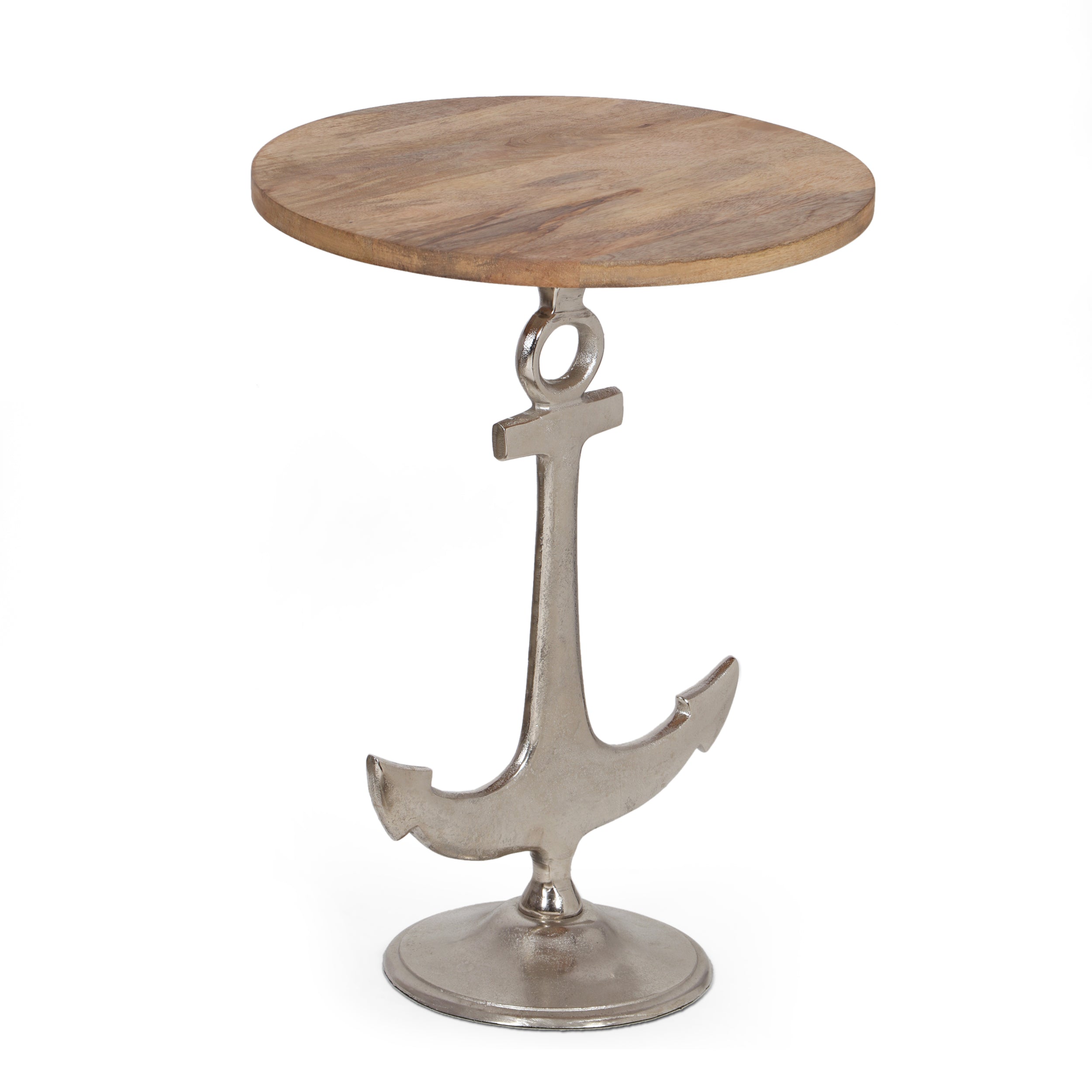 Andrea Coastal Mango Wood and Aluminum Anchor Side Table, Natural and Raw Nickel