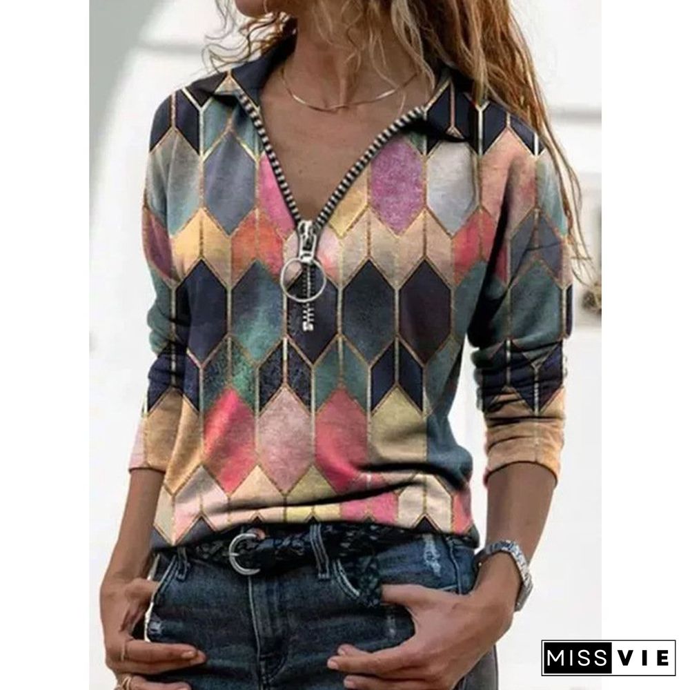 Women Fashion Simple Shawl collar Geometric Shift Shirt