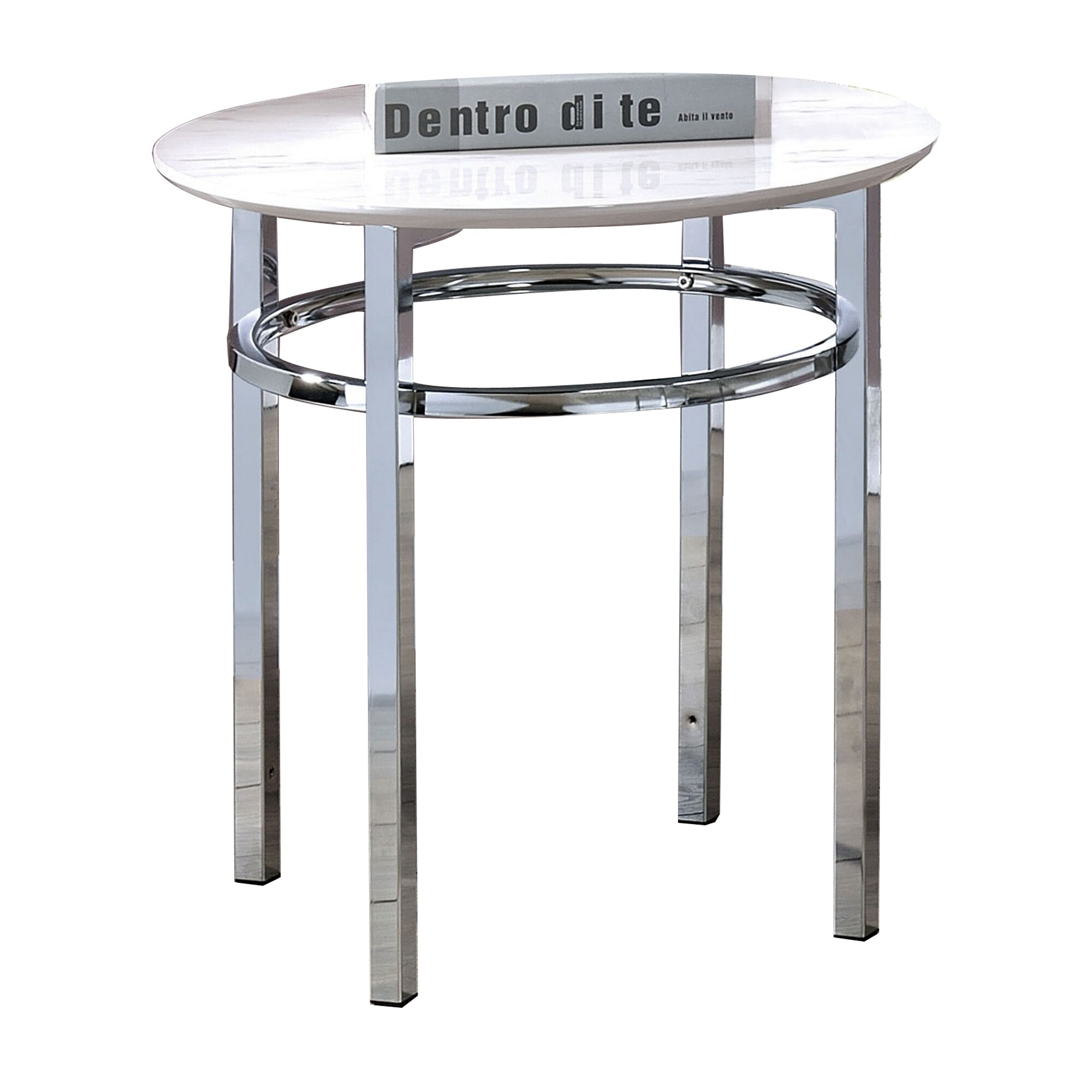 23 Inch Round Faux Marble Top End Table， White and Chrome - 23.5 H x 22 W x 22 L