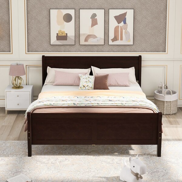 Full Wood Platform Sleigh Bed Frame with Headboard for Guest Living Room