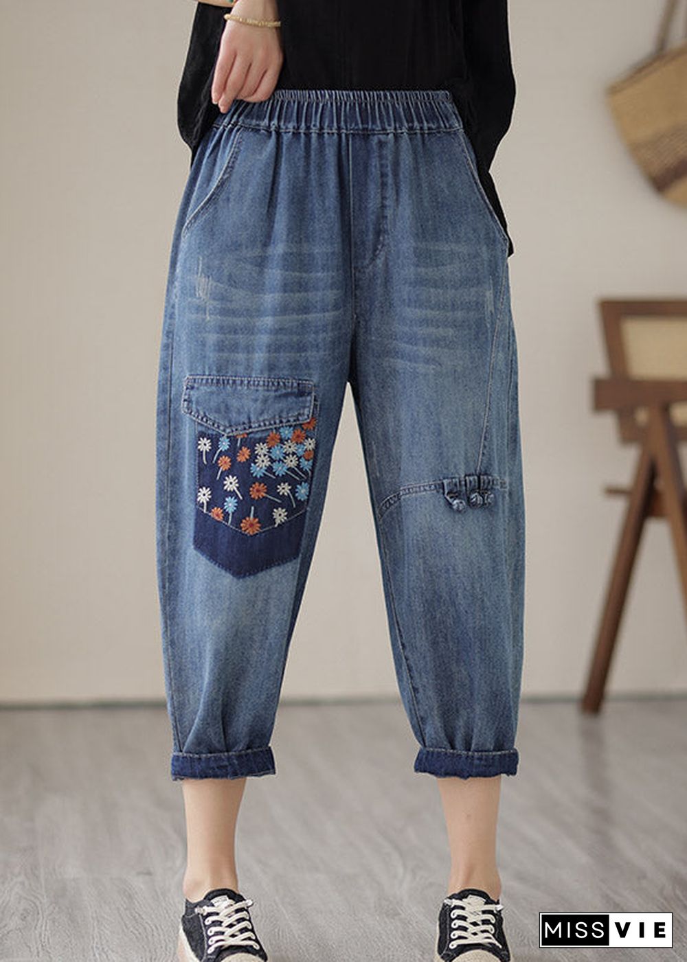 Unique Blue Elastic Waist Embroideried Patchwork Crop Pants Summer