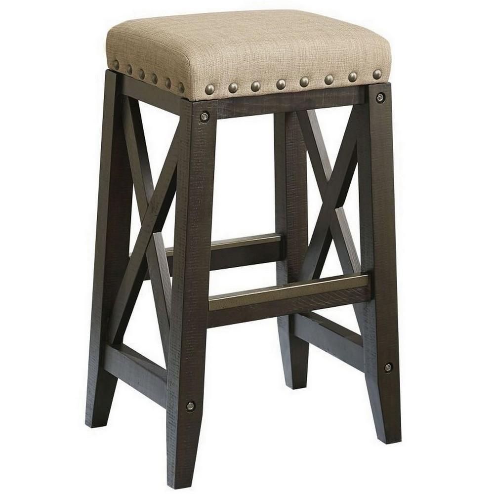 31 Inches Nailhead Trim Upholstered Barstool， Beige and Brown - 31 H x 18 W x 14 L