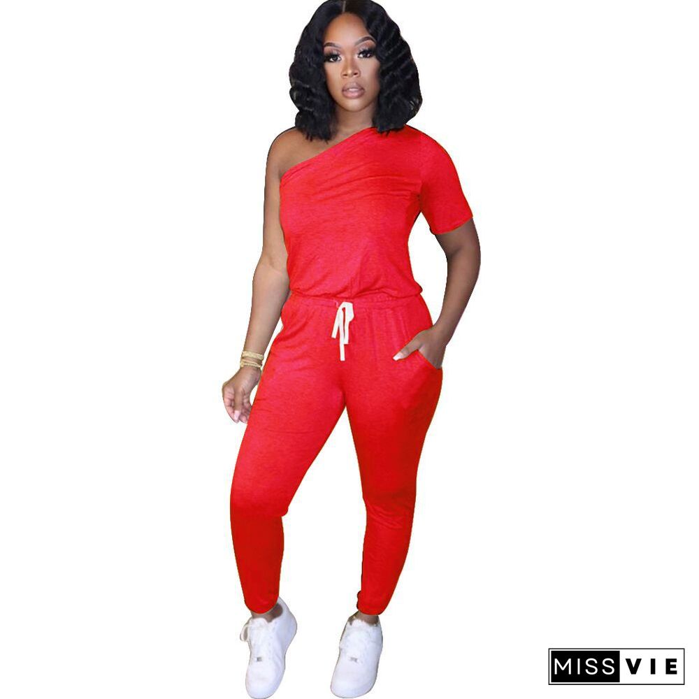 Single Lean Shoulder Sleeves Elastic Band Jumpsuits