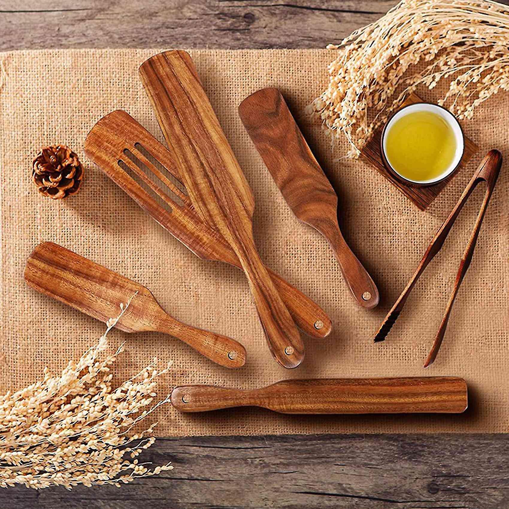 12 Pcs Wooden Spurtle Set， Teak Spurtle Set Heat Resistant Wooden Spatula Cooking Utensils Set Non-