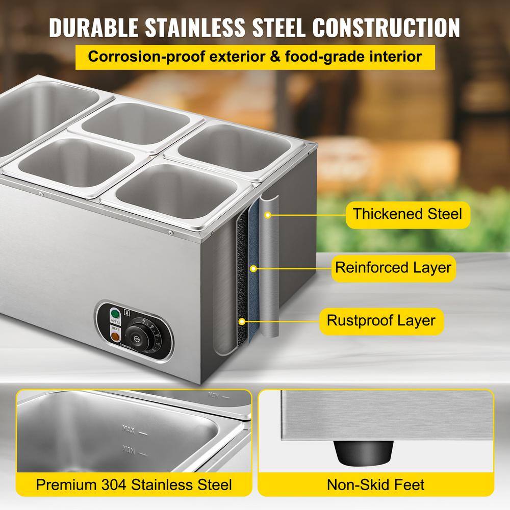 VEVOR 6 in. Deep Commercial Food Warmer 1 x 13GN and 4 x 16GN 5-Pan Stainless Steel Bain Marie Steam Table 13.7 Qt. 1500Watt PT5BM-63A110V30DUV1