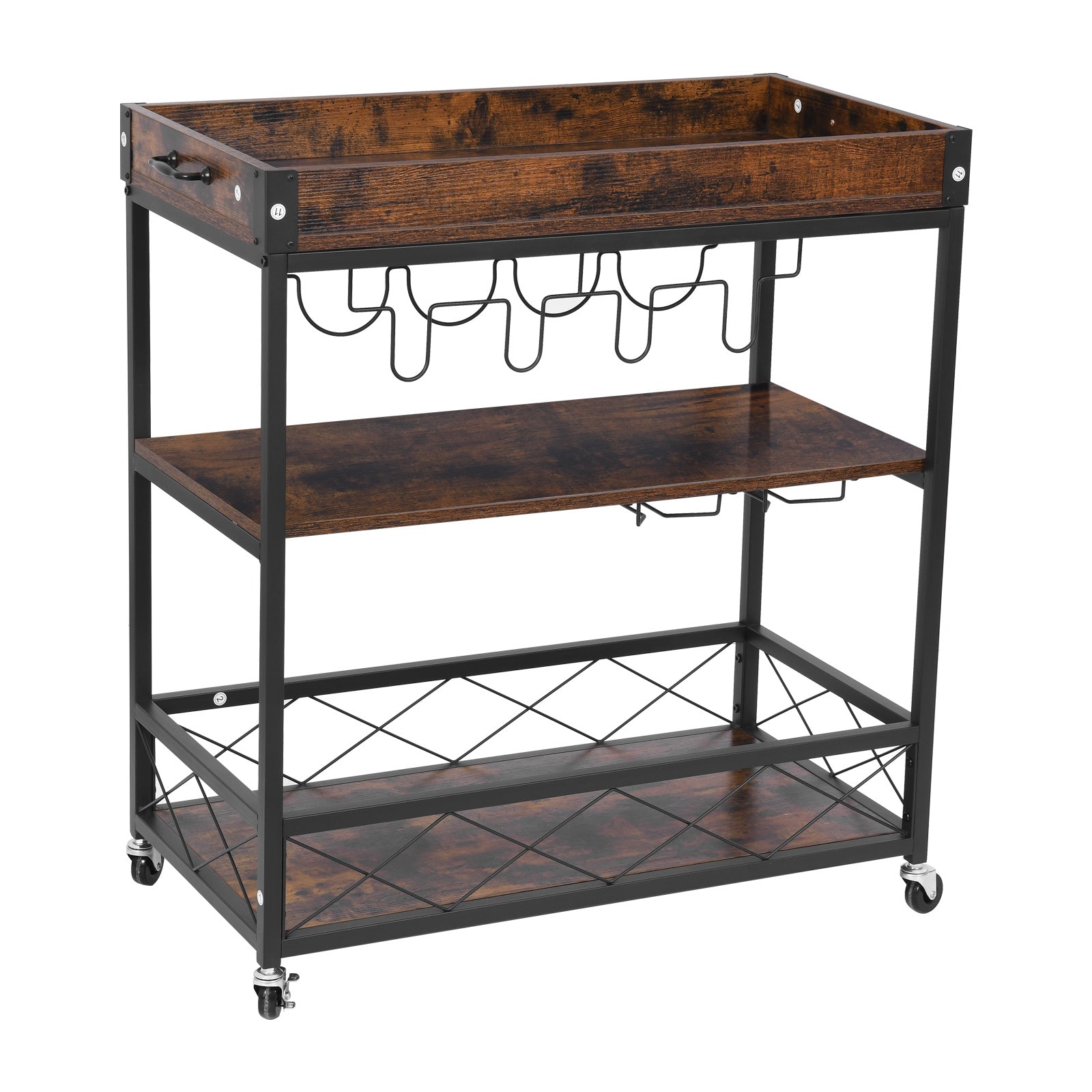 YITAHOME 3-Tier Kitchen Storage Cart Kitchen Rolling Island Cart Bakers Rack Stand Cart with Lockable Caster for Living Room， Brown