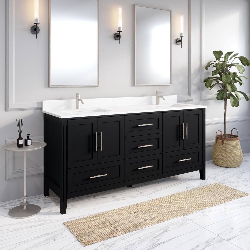 ART BATHE Houston 72 in. W x 22 in. D Bath Vanity in Espresso Diamond Quartz Top with White Sink Power Bar and Drawer Organizer HU72ES