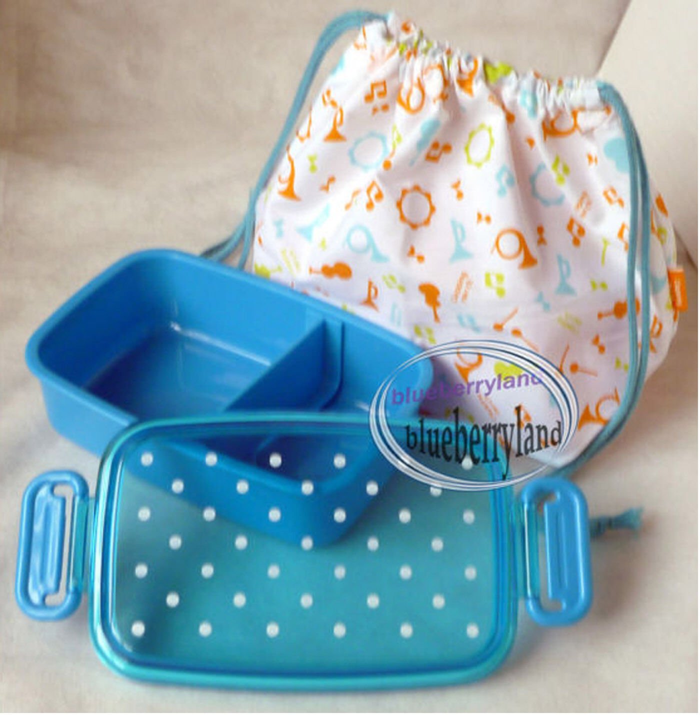 Japan Bento Lunch Box Case Cutlery Bag SET lunchbox kitchen ladies Polka dot BLU