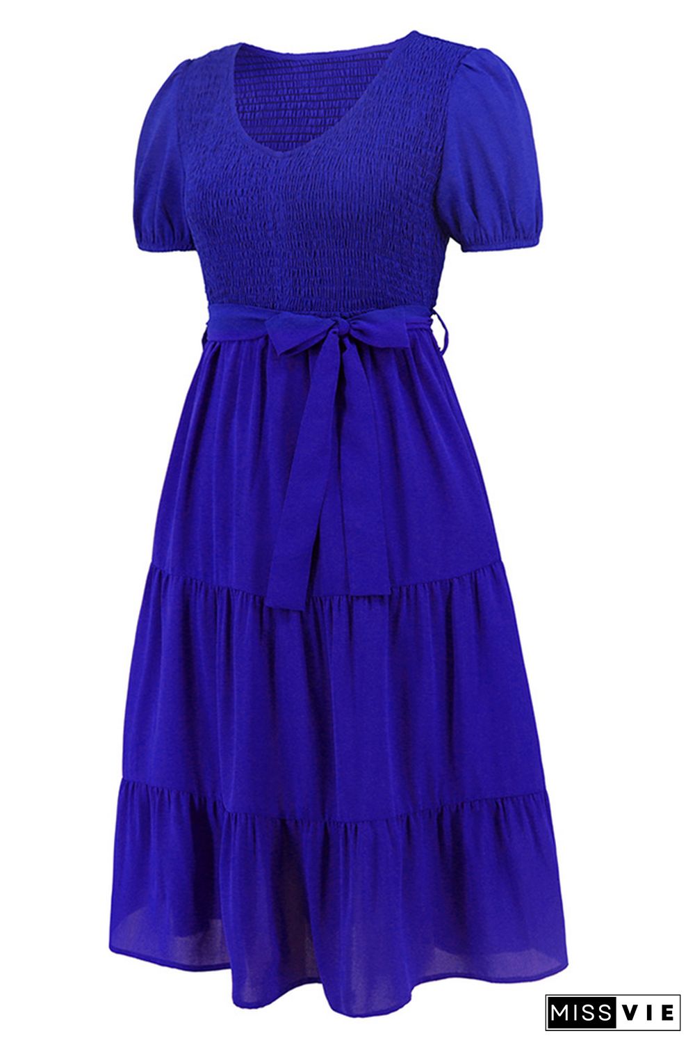 Plain V Neck Smocked Puff Tiered Midi Dress