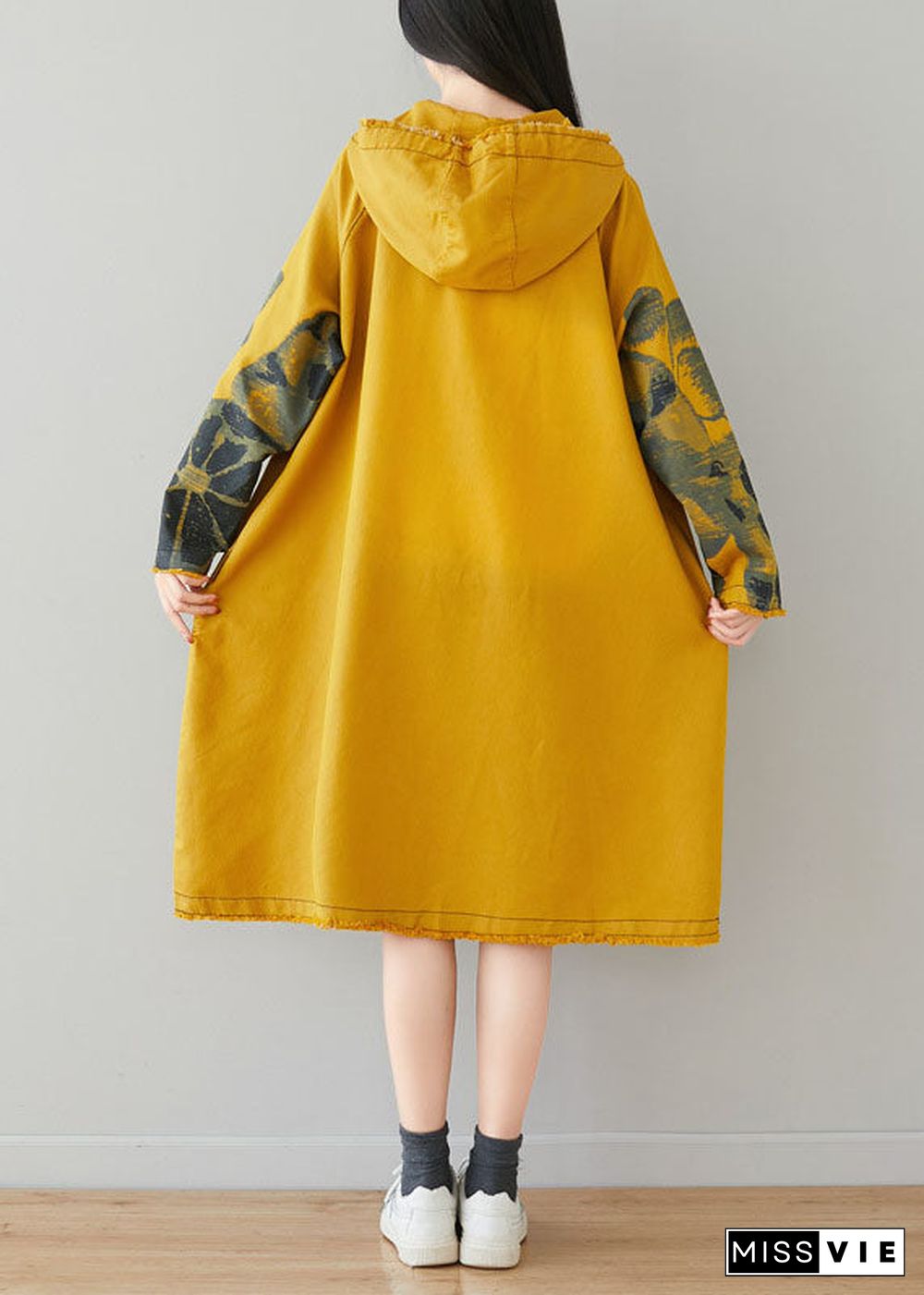 Fine Yellow drawstring Hooded Print Pullover dresses Spring