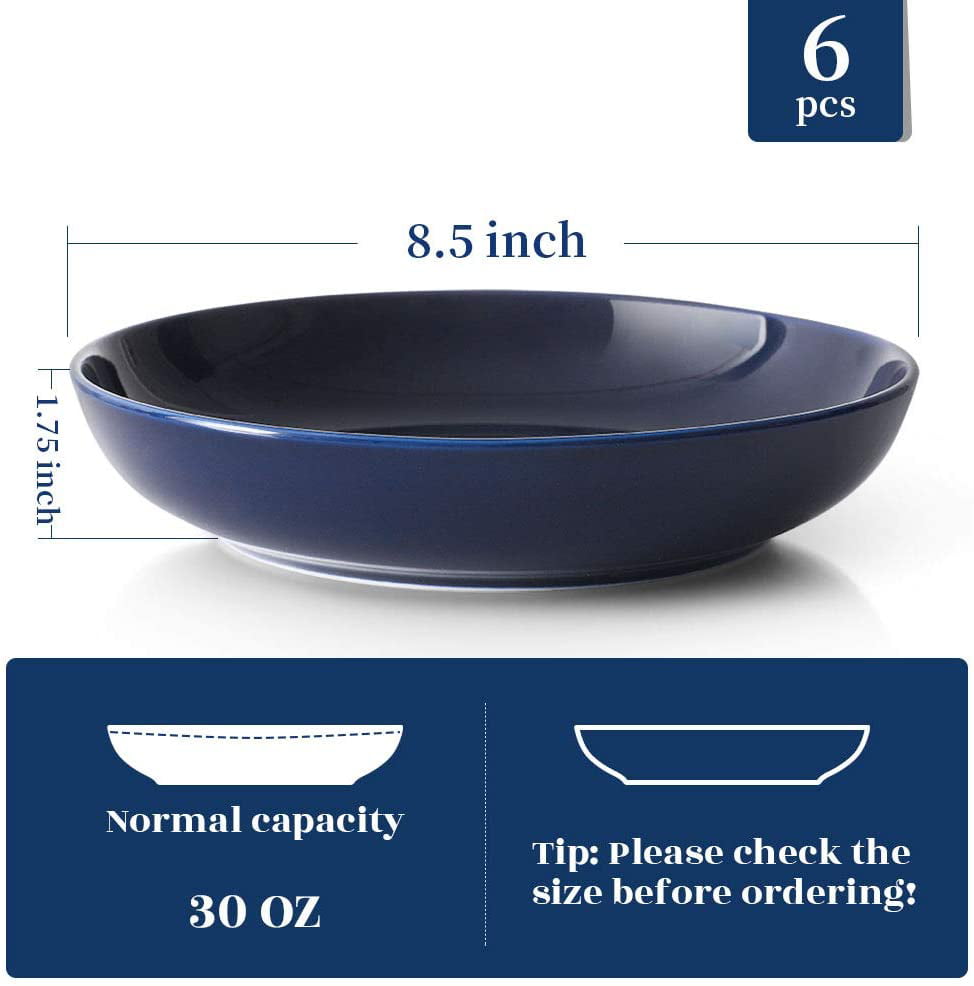 Y YHY Porcelain Pasta Bowls-30oz， Set of 6， Large Thanksgiving Serving Bowl for Salad， Soup， Blue