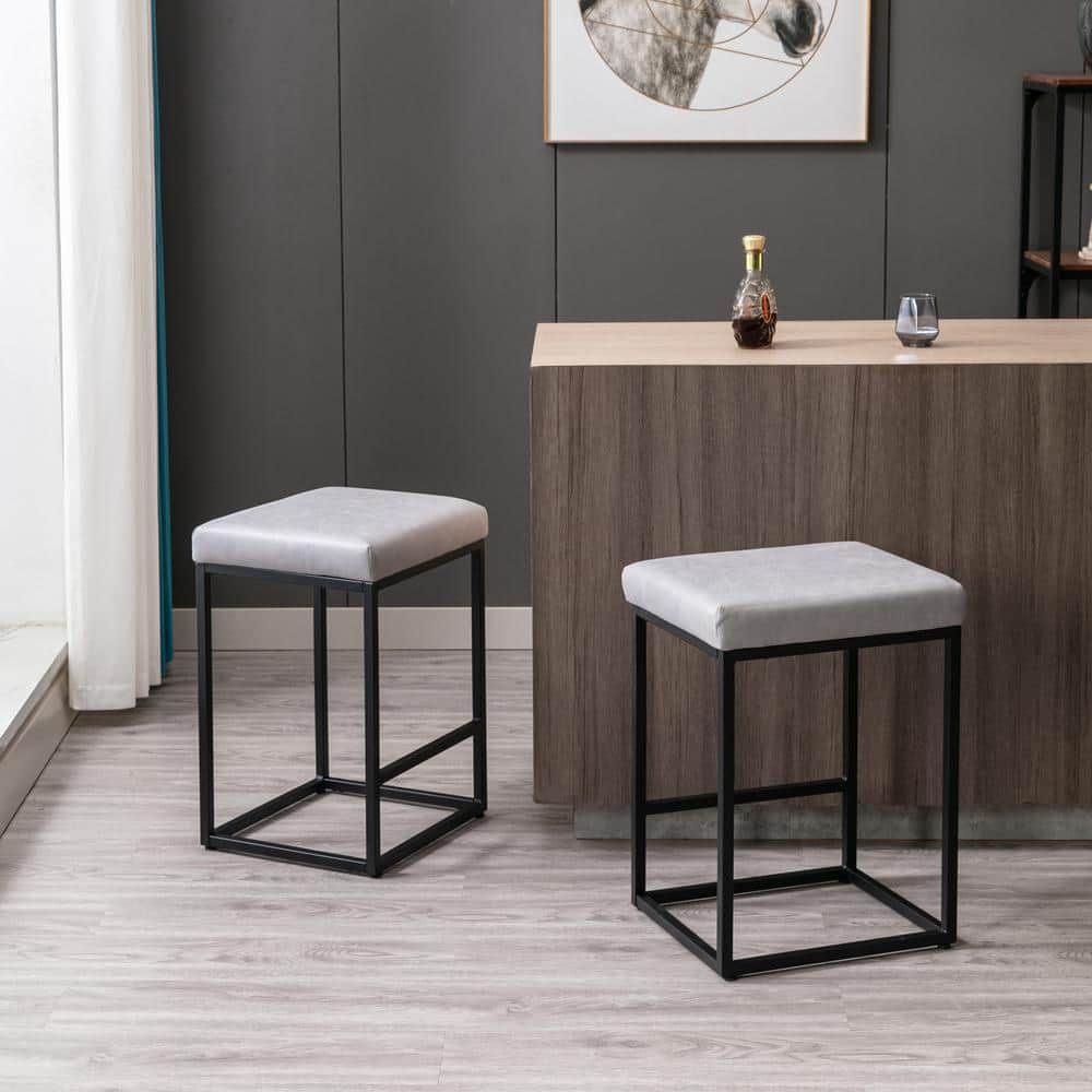 URTR 24 in. Gray Counter Height Backless Bar Stools Set Dining Stools with Faux Leather Seat and Metal Frame (Set of 2) HY02157Y