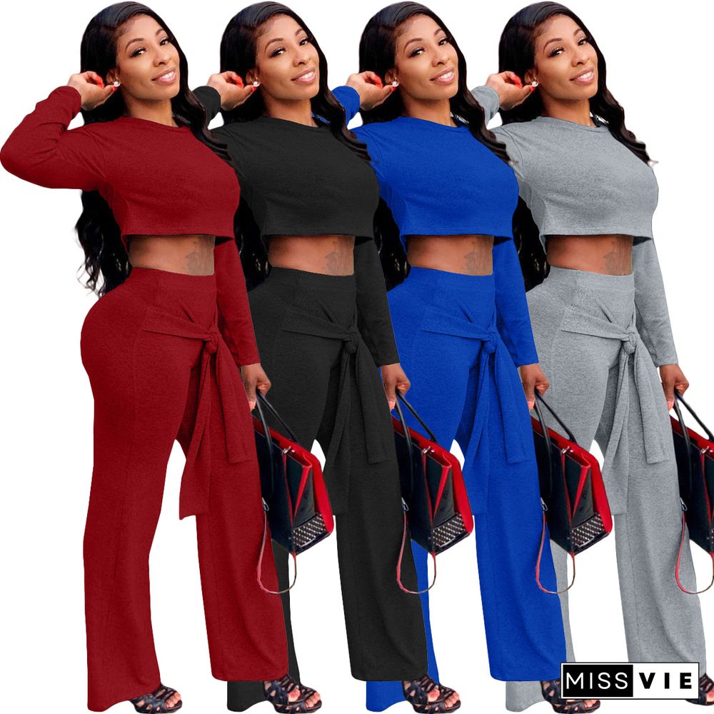 Solid Long Sleeve Crop Top Bandage Straight Pants Set