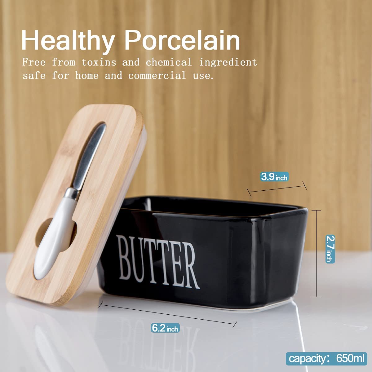 Porcelain Butter Dish with Bamboo Lid - Covered Butter Keeper with Butter Knife for Countertop， Airtight Butter Container with Cover for East West Coast Butter， Black