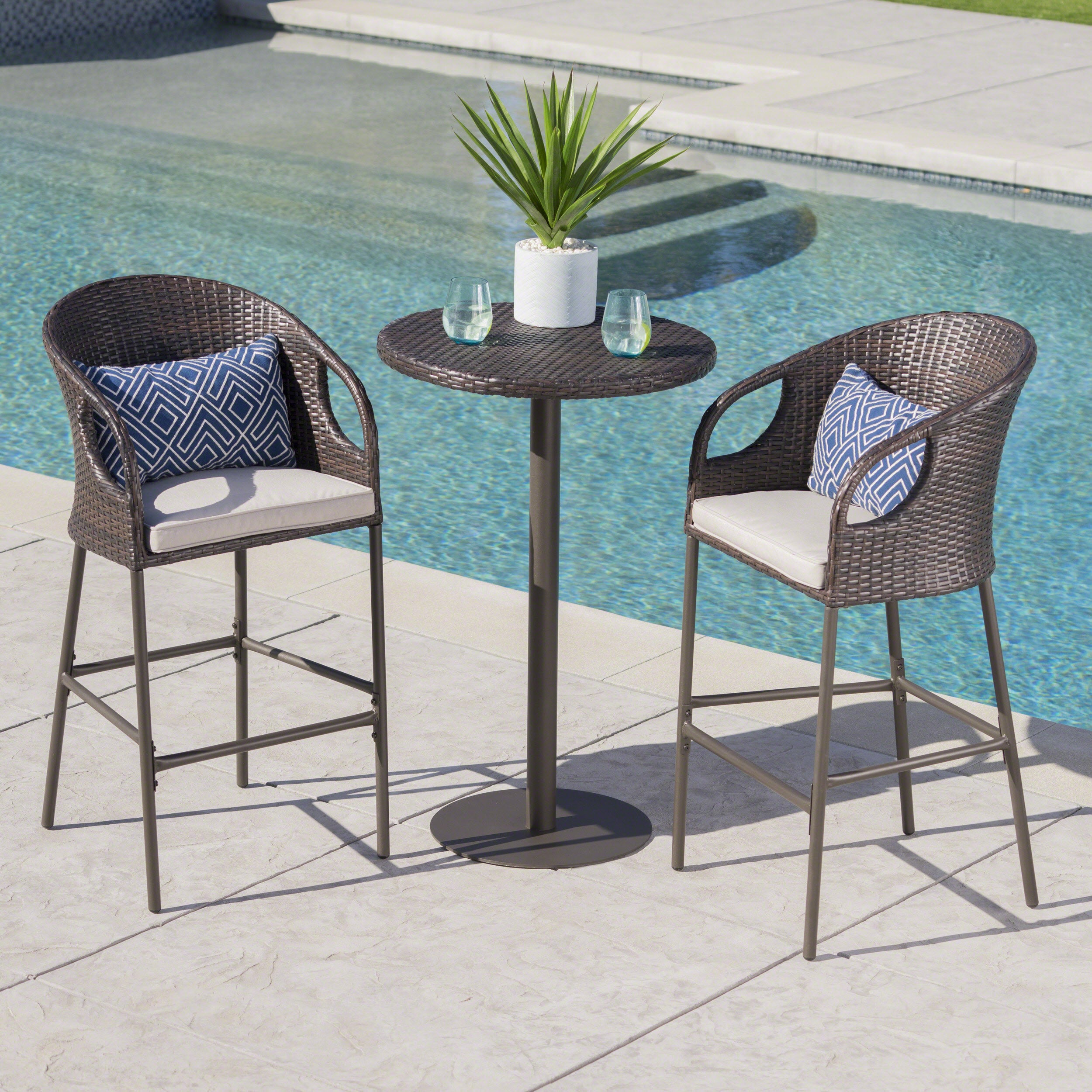 Big Rock Outdoor 3 Piece Multi-brown Wicker Round Bar Set