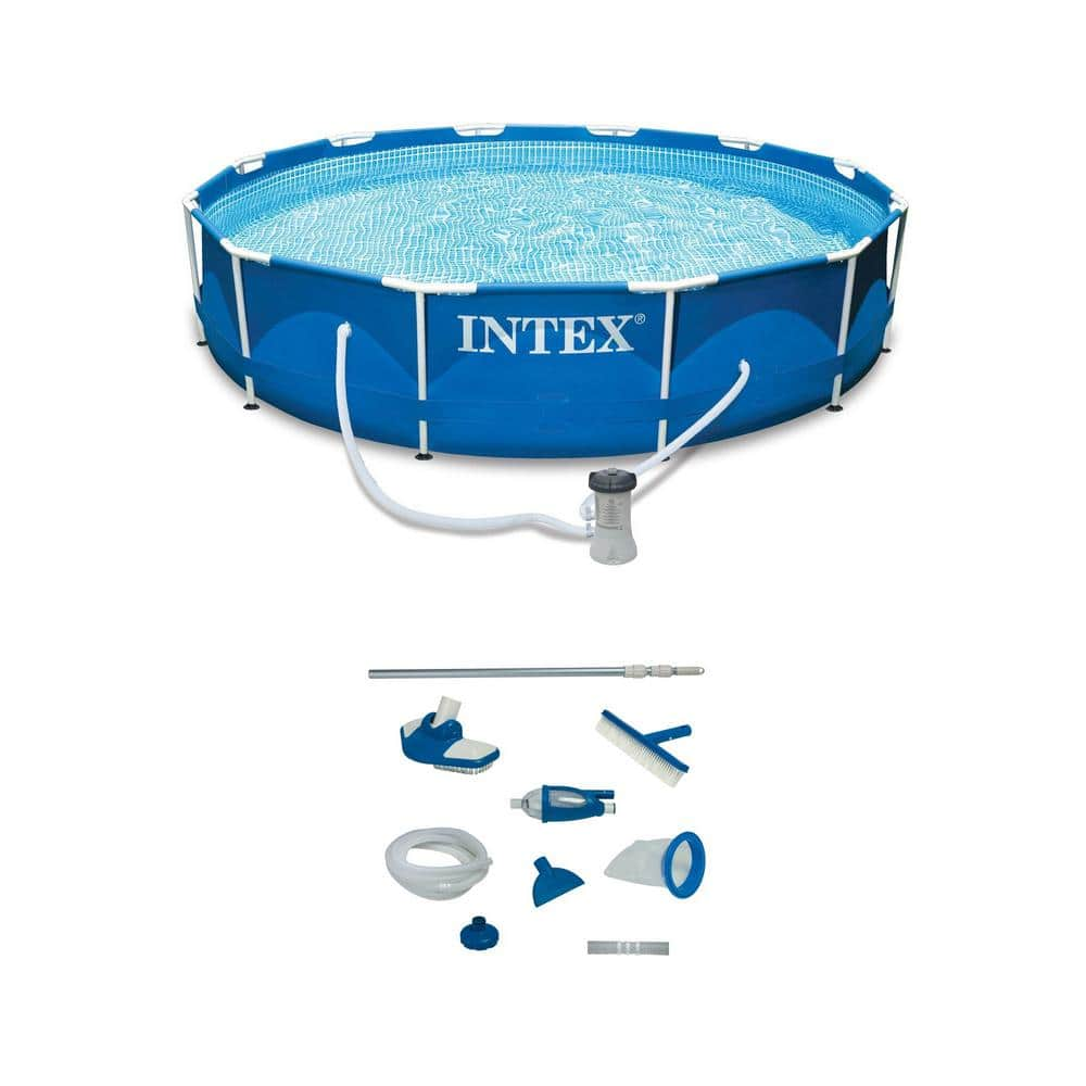 Intex Round 12 ft. x 30 in. Metal Frame Swimming Pool with Filter Pump and Pool Maintenance Kit 30 in. H 28003E + 28211EH