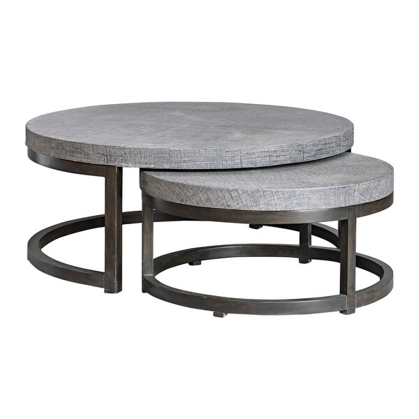 Set of 2 Aiyara Round Gray Nesting Tables with Burlap Wrapped Tops 43