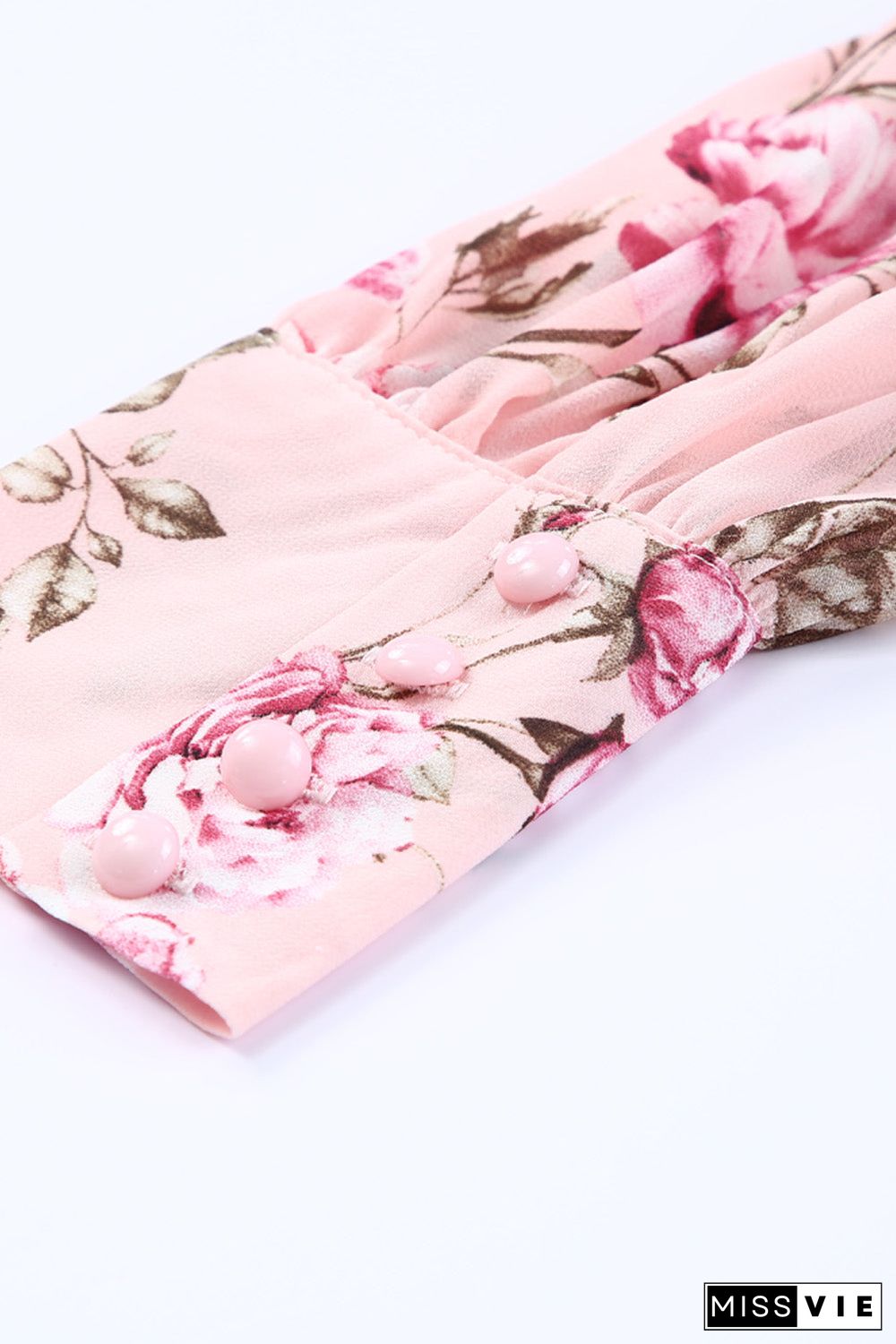 Pink Floral Long Sleeve Side Split High Waist Bohemia Maxi Dress