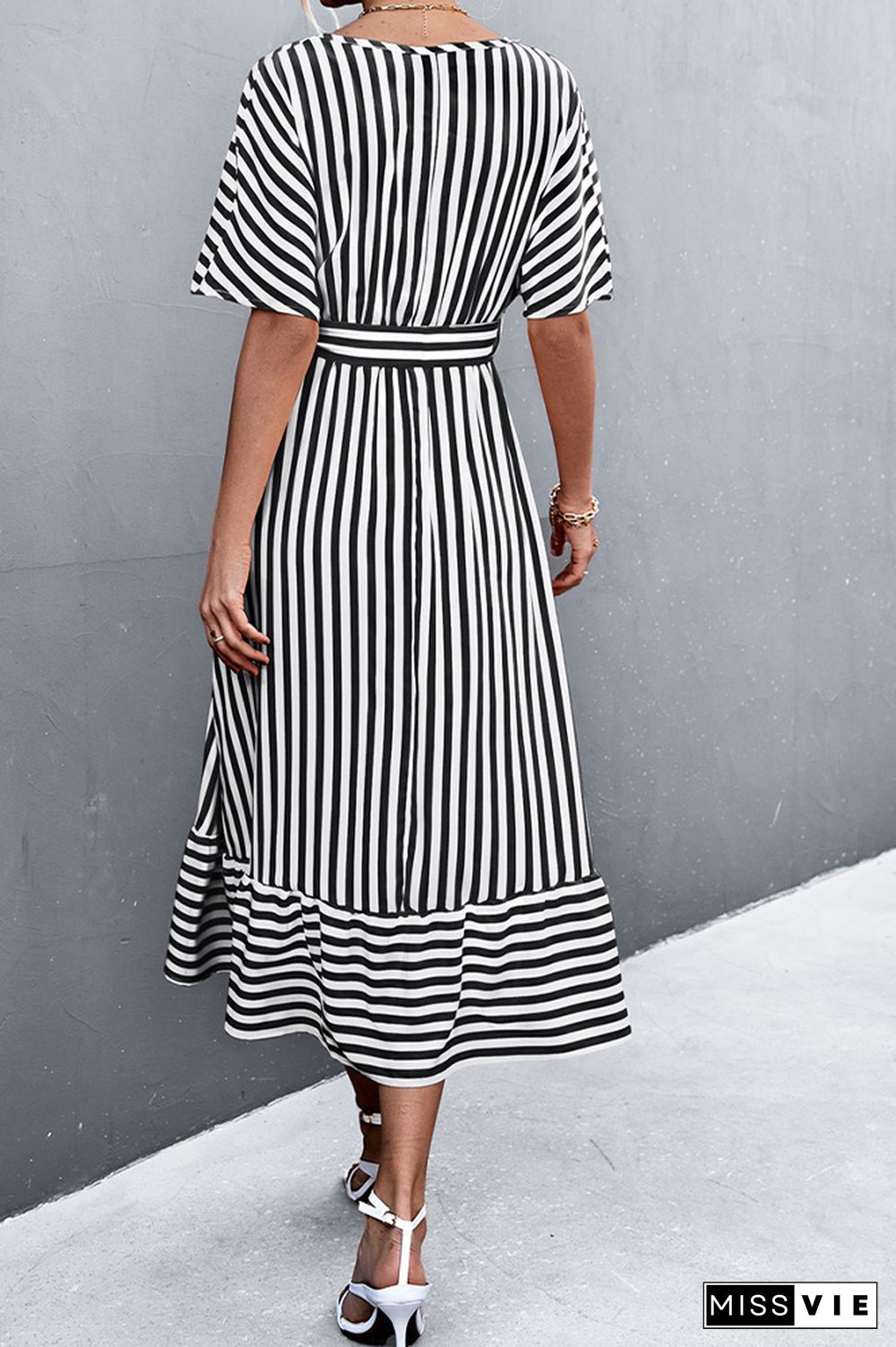 Stripe Print V-neck Short Sleeve Tie Waist Long Dress Wholesale