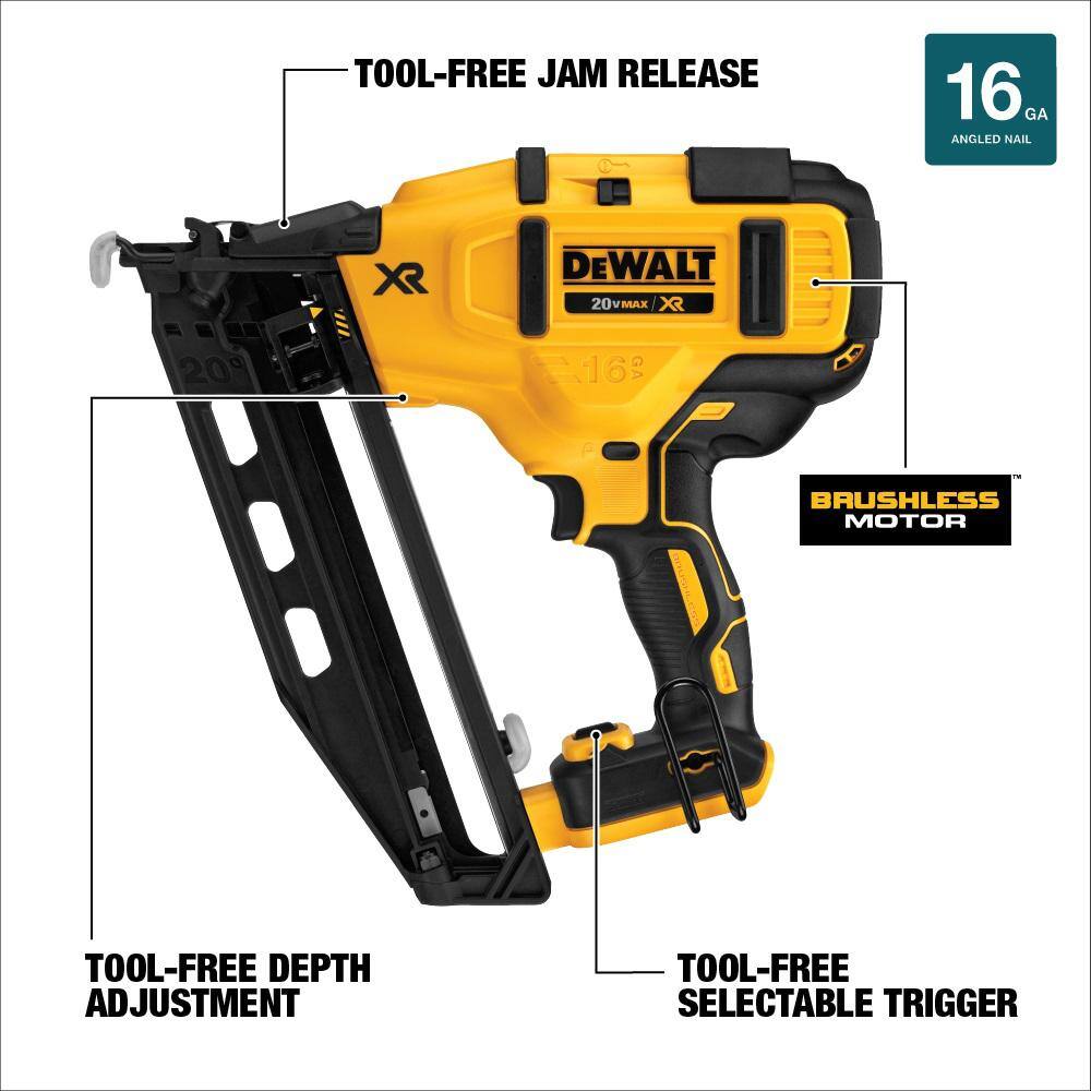 DW 20V MAX XR Lithium-Ion 16-Gauge Cordless Angled Finish Nailer with 1.7Ah Battery Pack and Charger DCN660BWDCBP034