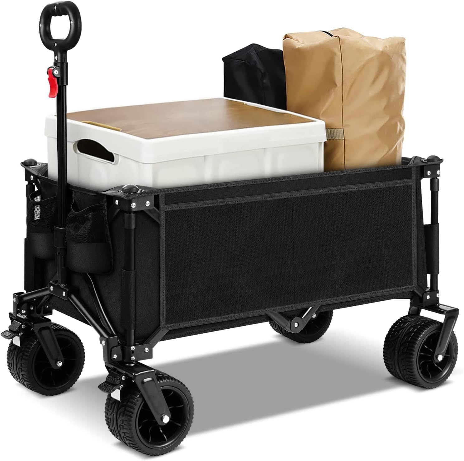 Calanofin Heavy Duty Collapsible Wagon Cart Utility 180L Foldable Beach Wagon for All-Terrain Garden Cart with Big Wheels for Sand， Side Pockets and Drink Holders for Shopping Beach Camping Outdoors