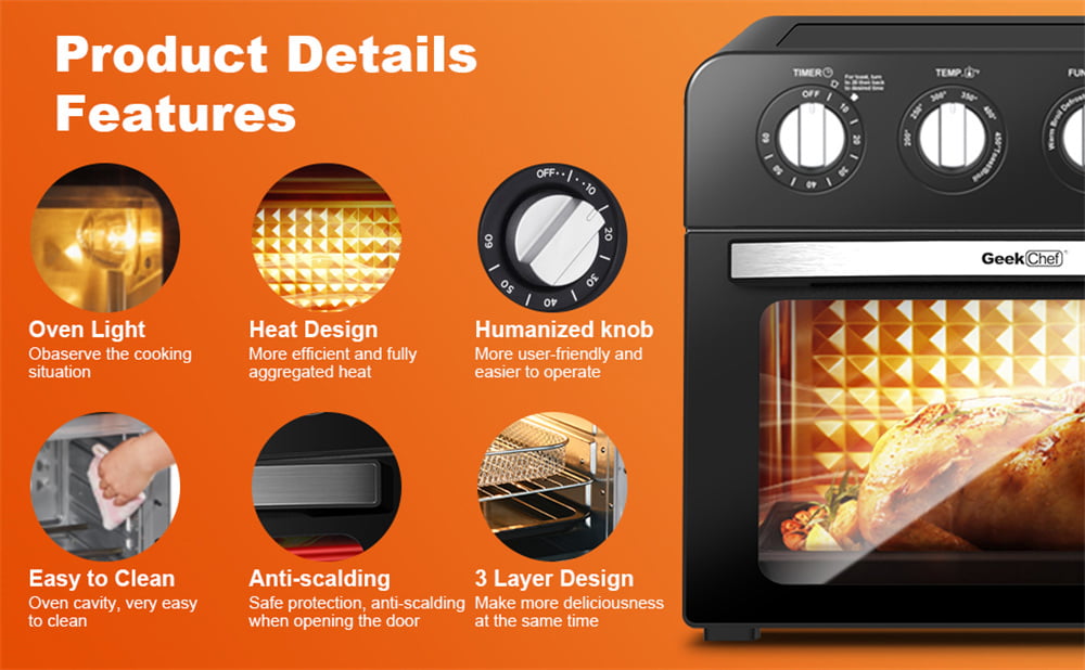 Geek Chef Air Fryer 24.5QT, 7-in-1 Air Fryer Toaster Oven Combo, Roast, Bake, Broil, Reheat, Oil-Free, Extra Large Convection Countertop Oven, Black, 1700W