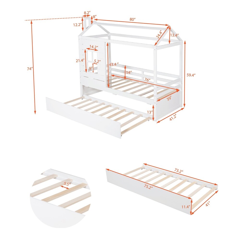 Solid Wood Twin House Bed with Trundle for Kids  White