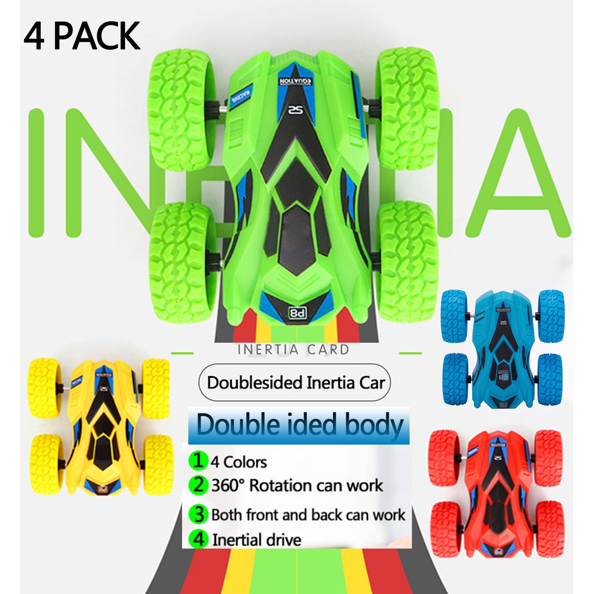 LELINTA 4 PCS/Pack Boy Friction Powered Cars， Inertia Double-Sided Push and Go Car Toys， 360 Rotation and Flips Off Road Powered Pull Back Boy Car Toys for Toddlers， 2 to 6 Years old Toy Cars