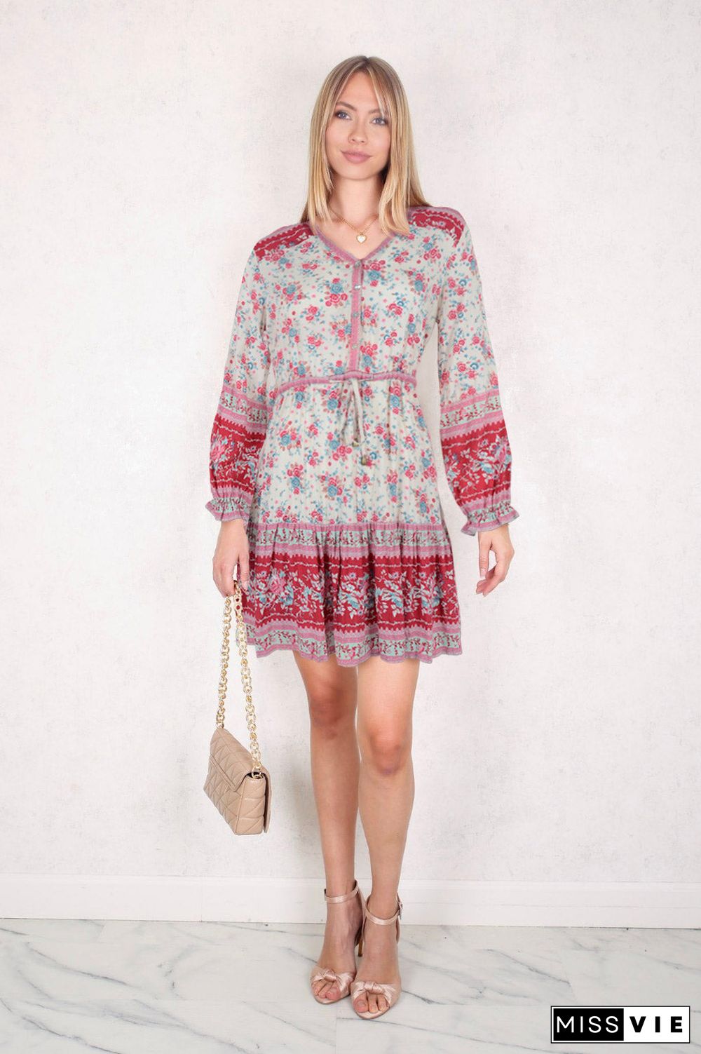 Floral Print Front Button Down Dress