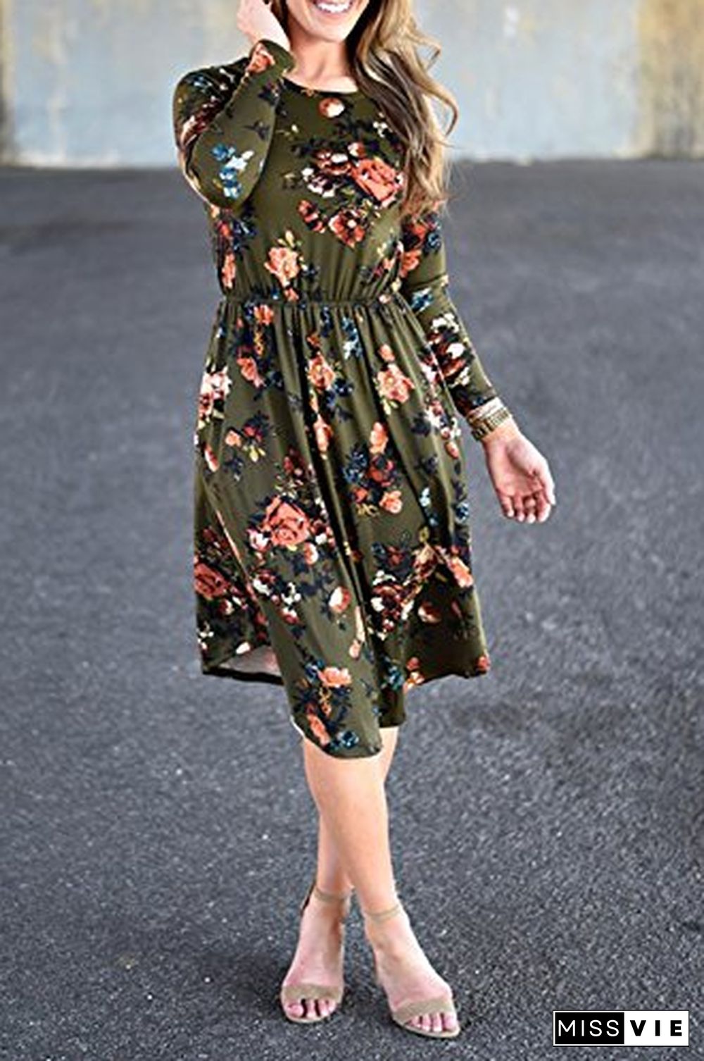 Casual Round Neck Elastic High Waist Floral Midi Dress