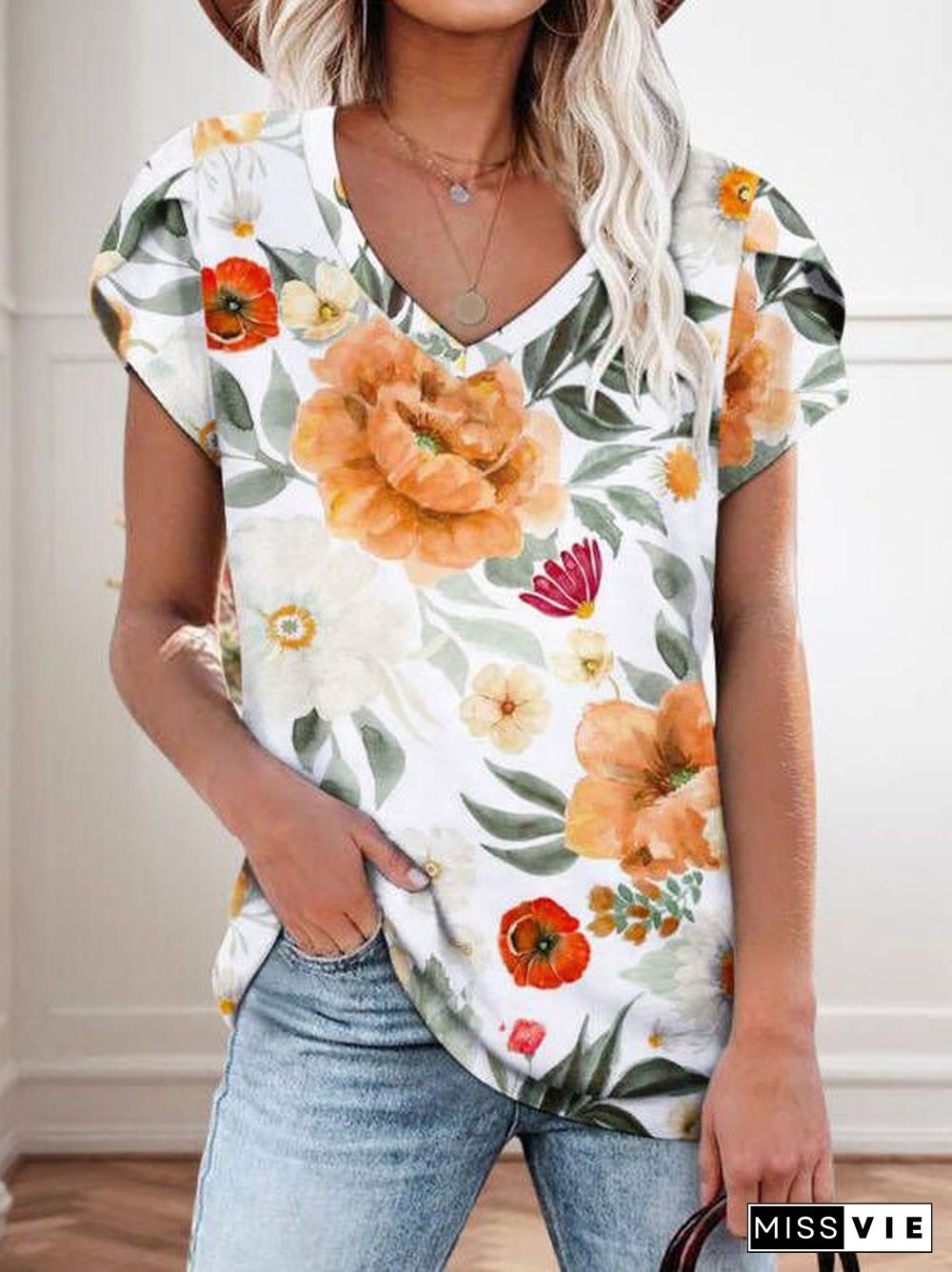 Women'S T-Shirts Floral Print V-Neck Short Sleeve T-Shirt