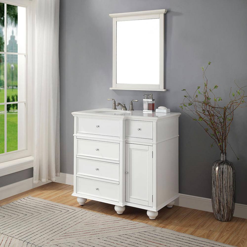 Home Decorators Collection Hampton Harbor 36 in. W x 22 in. D Bath Vanity in White with Natural Marble Vanity Top in White BF-25097-WH