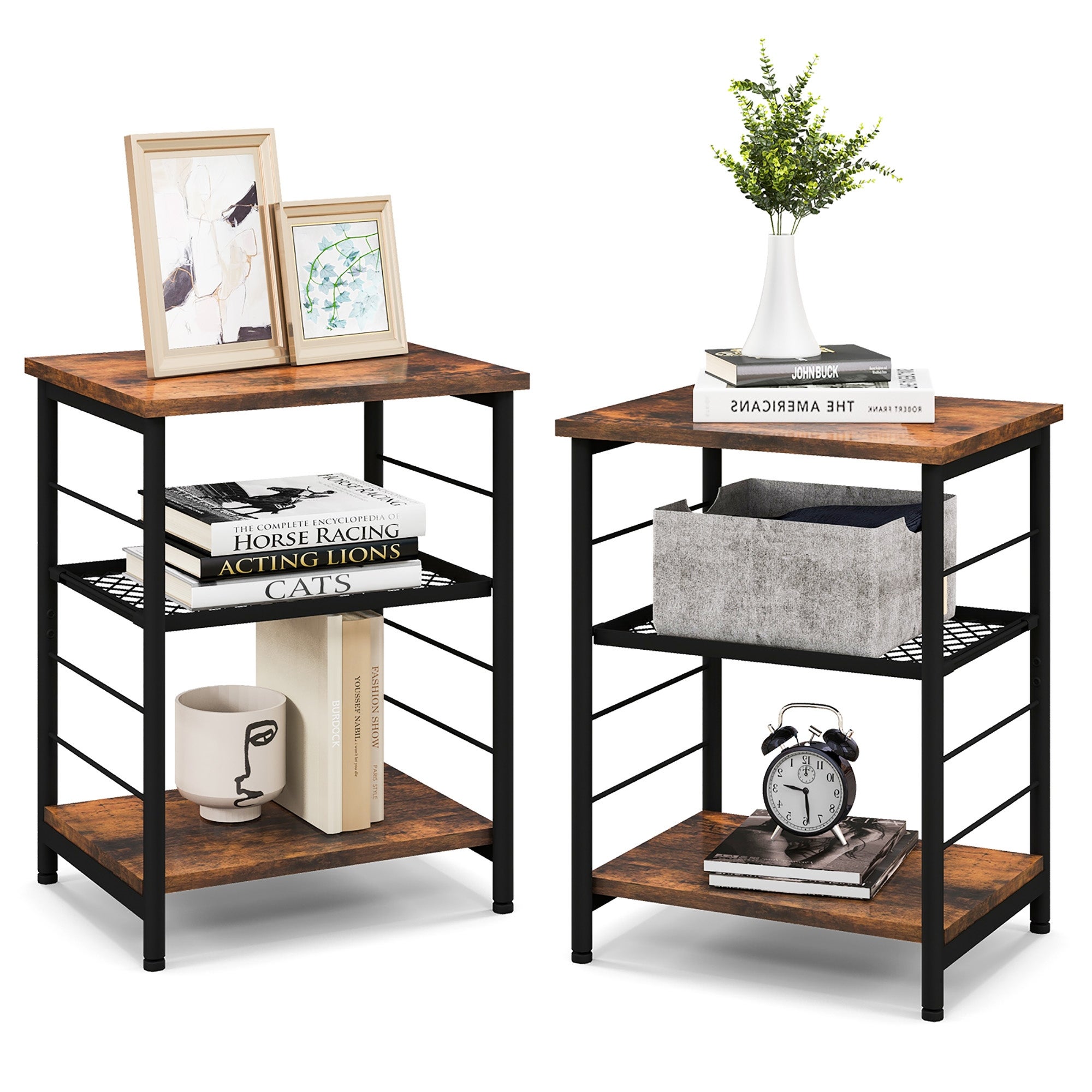 Costway 2 PCS 3-Tier Side End Table with Adjustable Mesh Shelf Narrow - 15'' x 12'' x 20'' (Lx Wx H)