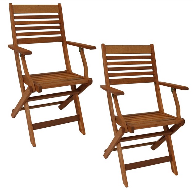 Sunnydaze Meranti Wood With Teak Oil Finish Wooden Folding Patio Lawn Slatted Arm Chairs Set Brown 2pk