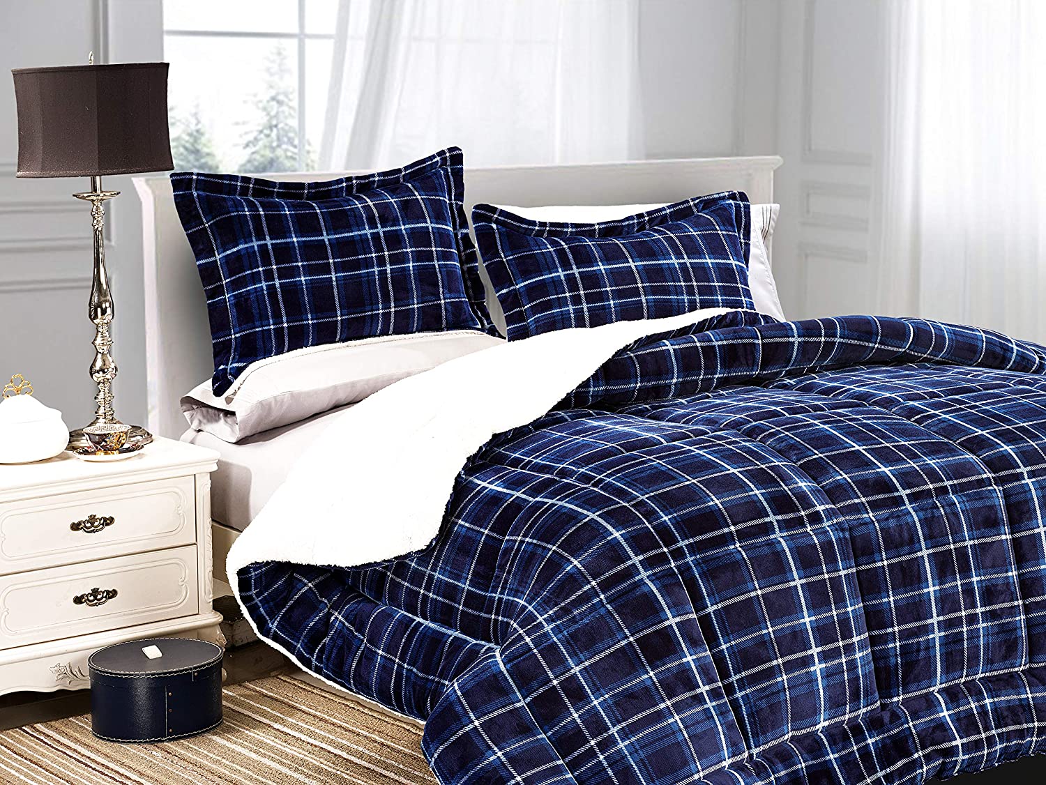 Softest Coziest Plaid Pattern Sherpa Premium Quality Down Alternative Micro-Suede 3-Piece Reversible Comforter Set