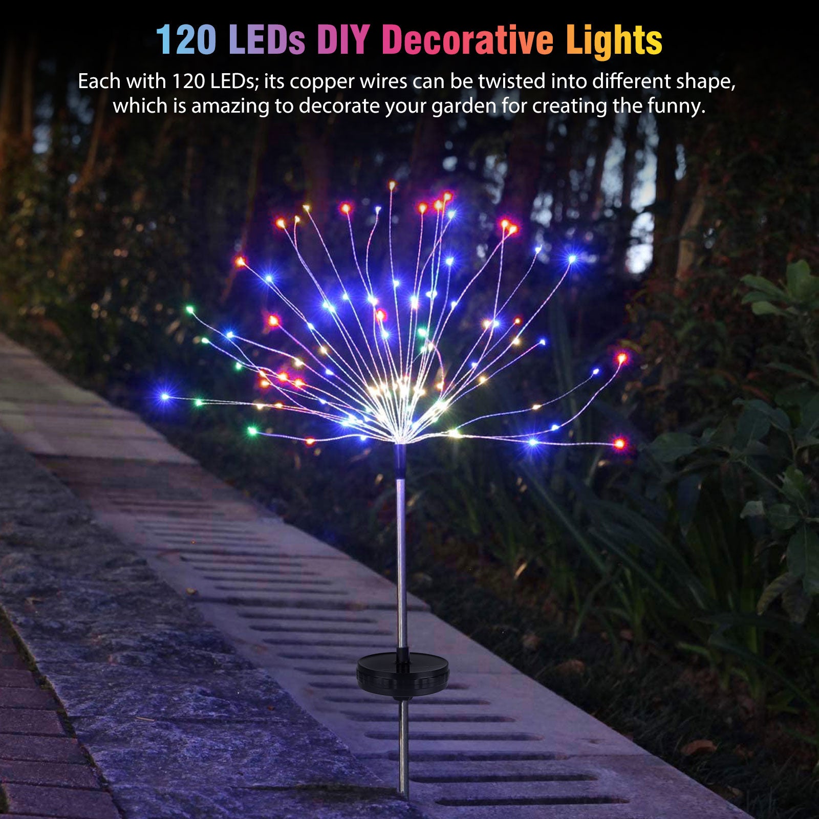 TSV 120 LEDs Outdoor Solar Firework Lights， Waterproof Multi-color Firework Solar Lights， 8 Modes， Auto Off/ On， Decorative Starburst Light for Yard Patio Garden Pathway Decor