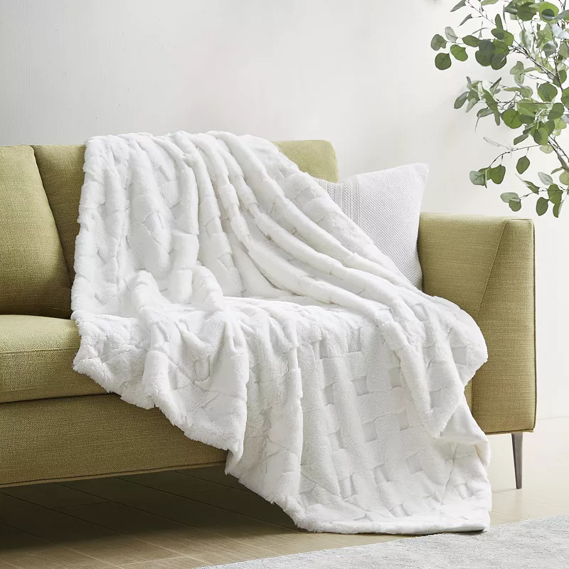 Madison Park Claire Luxury Basketweave Faux Fur Throw Blanket