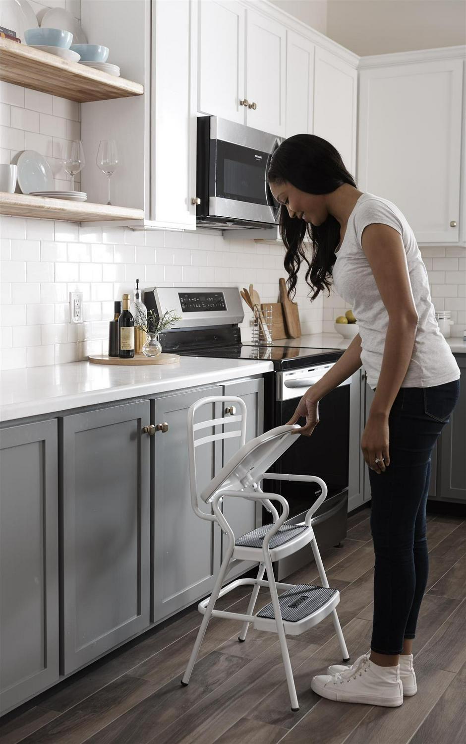 COSCO Stylaire Retro Chair + Step Stool with flip-up seat (white， one pack)