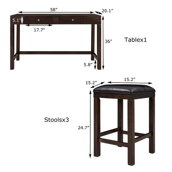 Counter set， counter height bar set， wooden counter set， 2 drawers and sockets， 3 upholstered stools