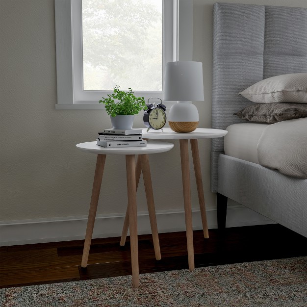 Hastings Home Nesting End Tables Mid century Modern Wood Accent Table With Circular Top Set Of 2 White natural