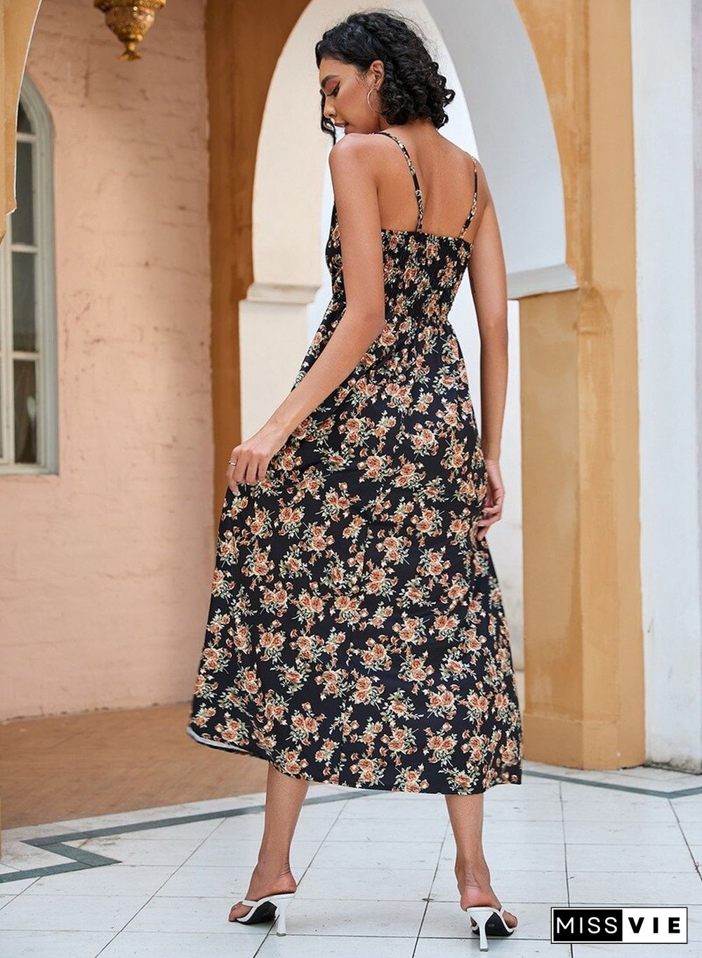 Elegant Floral Print Sexy Dress For Women Summer Dresses New Street V-Neck Backless Elasticated High Waist Midi Slip Dress