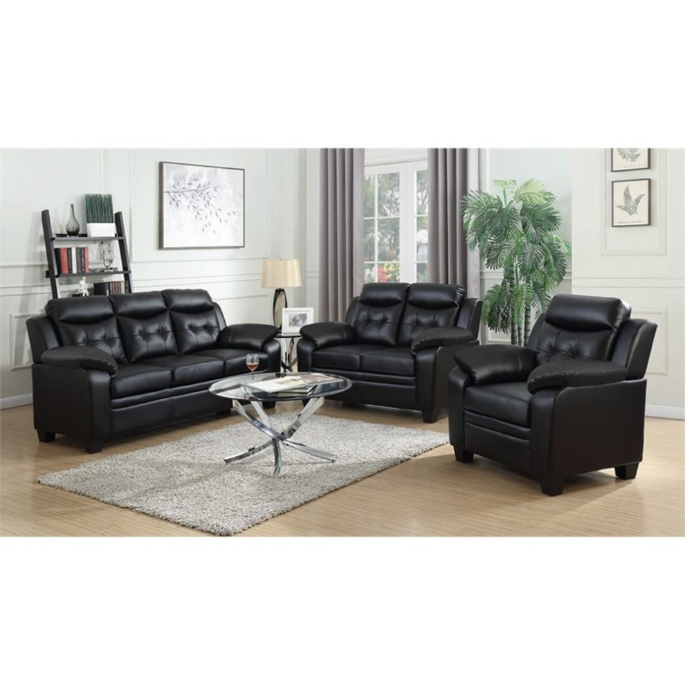 Pemberly Row Faux Leather Tufted Upholstered Loveseat in Black   Contemporary   Loveseats   by Homesquare  Houzz