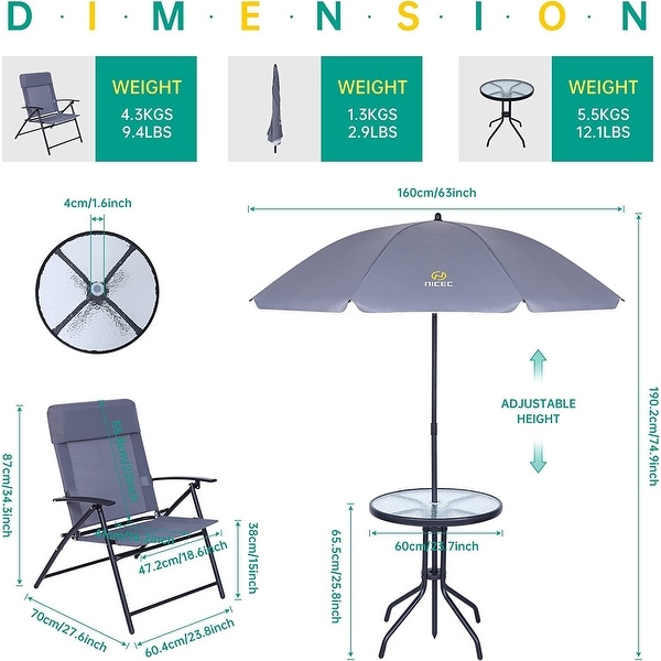 4Piece Bistro Set，Patio Dining Set，Garden Outdoor Table Set with Tilted Removable Umbrella，Glass Table，and 2 Folding Chairs