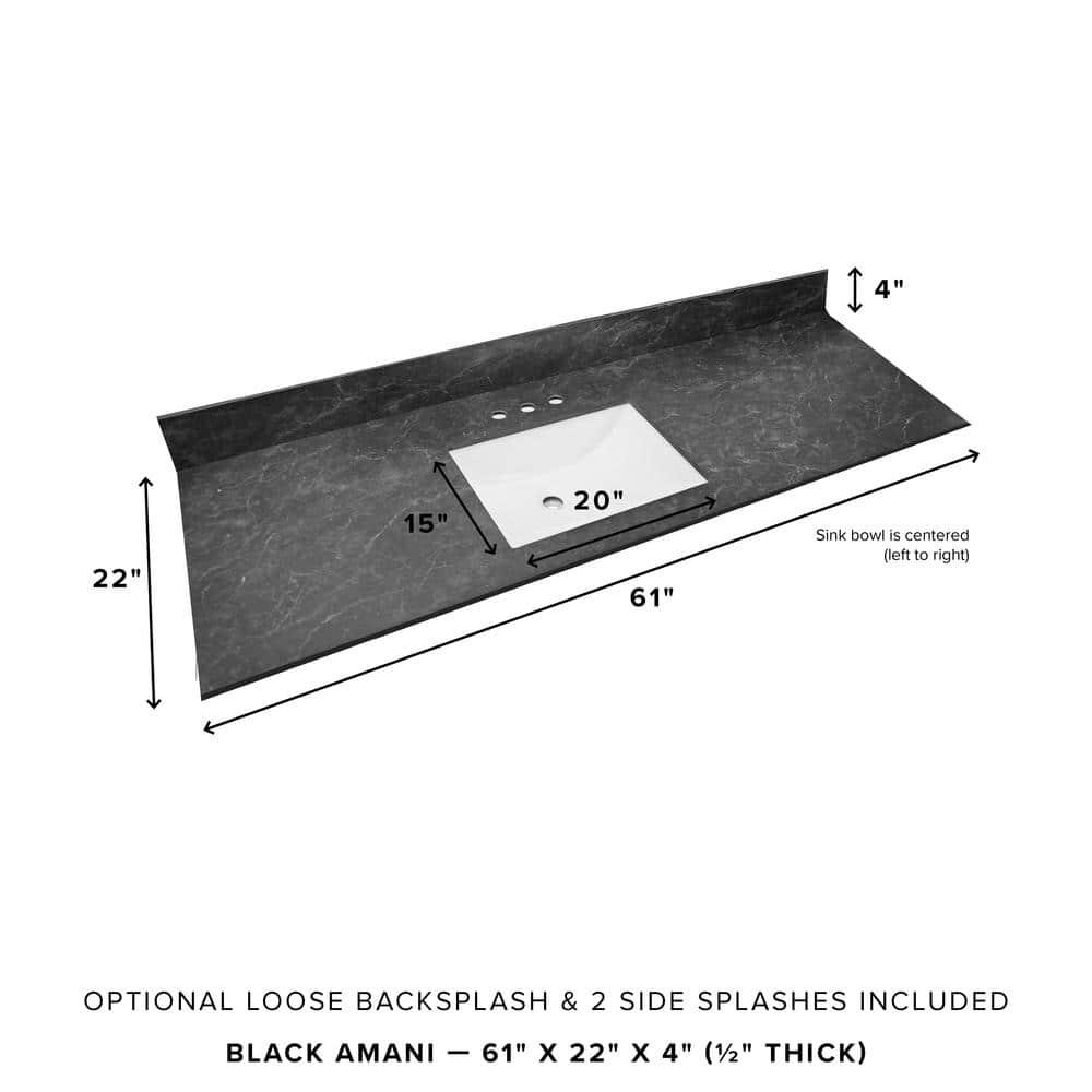 THINSCAPE 61 in W x 22 in Vanity Top in Black Amani with White Rectangle Single Sink and Single Hole for Faucet